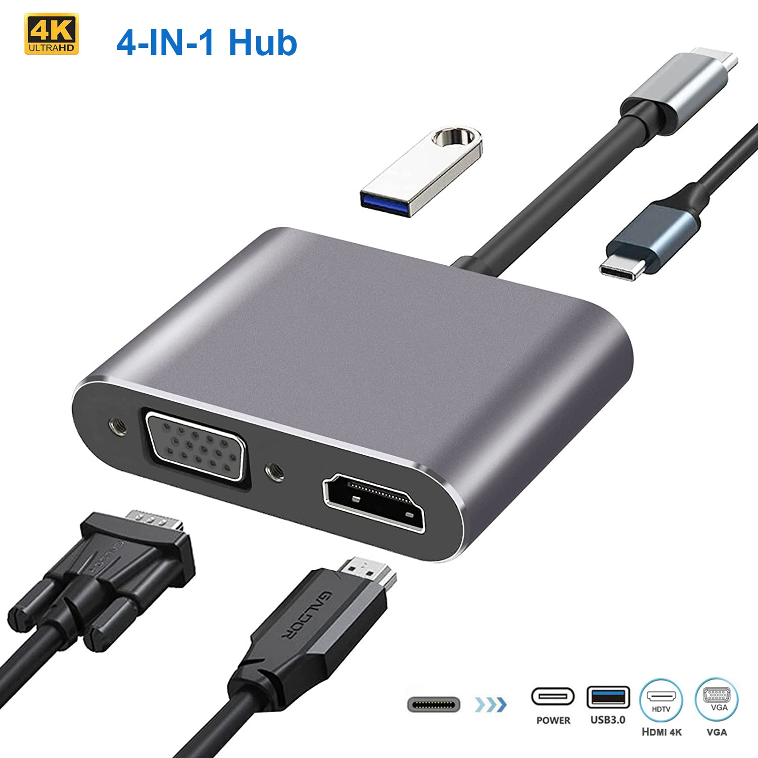4 in 1 USB  ŷ ̼ C to 4K HDMI VGA , ƺ  ,  XPS, Ｚ USB 3.0 OTG   PD